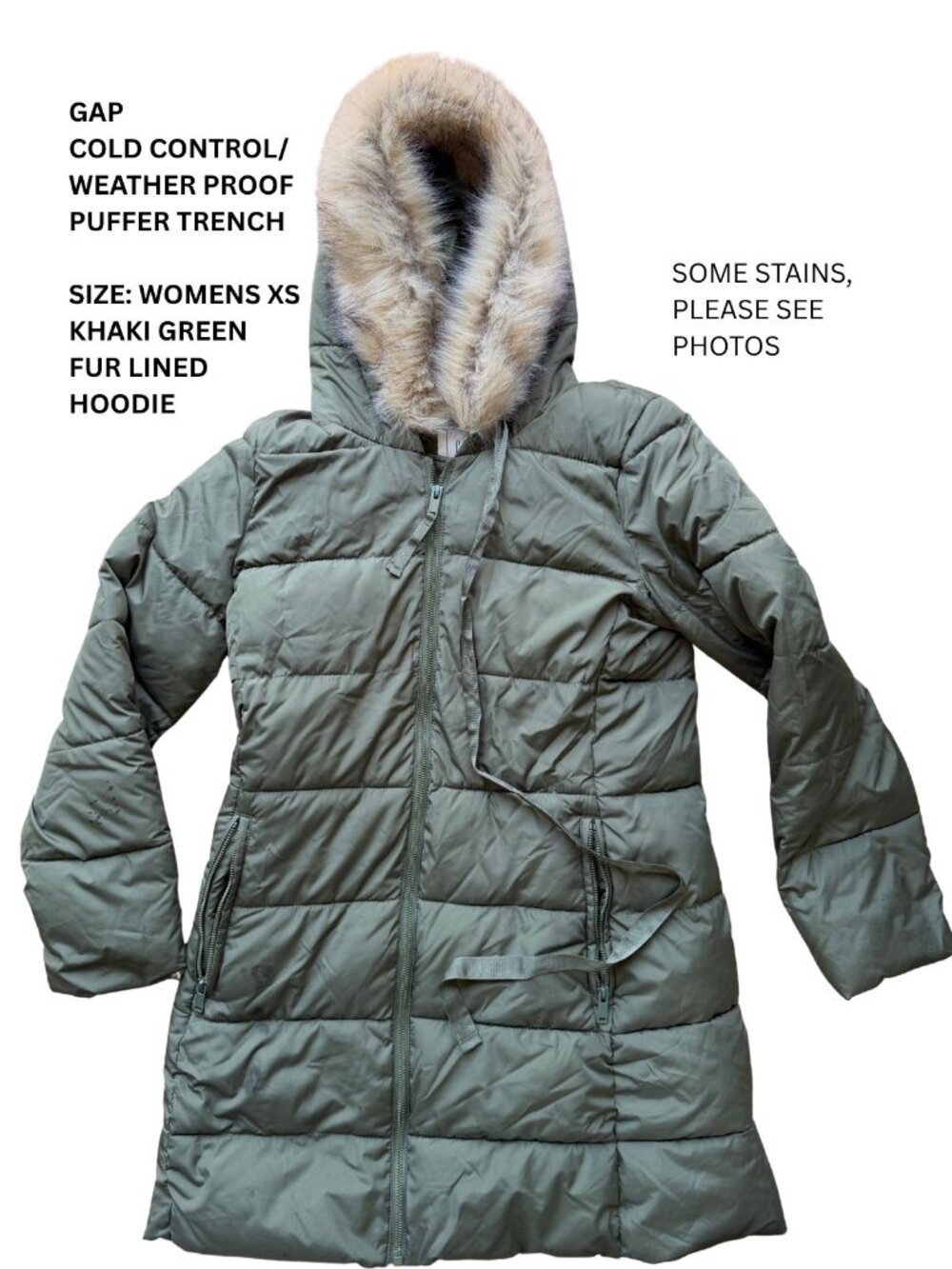 Gap ColdControl Weatherproof Long Puffer Coat Faux Fur Hood Khaki Green – XS